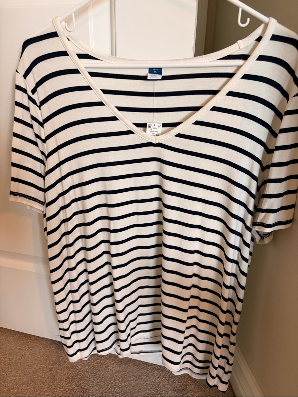 Old Navy Cream and Black Striped V-Neck Short Sleeve Top